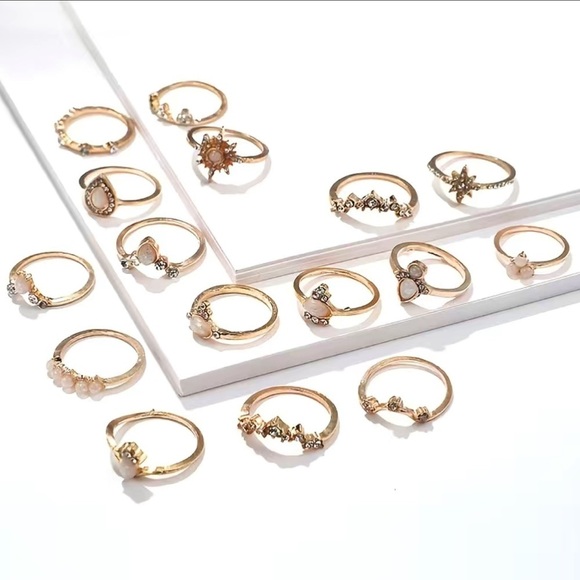 Boho Crown Gemstone Water Drop Ring Set 16pc - Picture 2 of 5